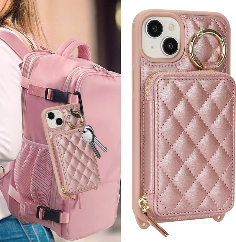 Hamany Crossbody Wallet Case for iPhone 15 Plus, PU Leather Zipper Handbag Purse Flip Cover, Kickstand Folio Case with Card Slots Holder Wrist Strap Lanyard 5G 6.7 Inch-Rose Gold - Image 3